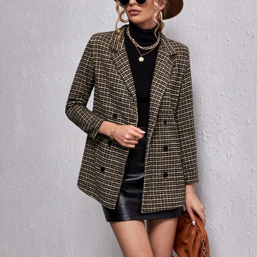 chic double breasted houndstooth & plaid print blazer classy business casual - Picture 4 of 5